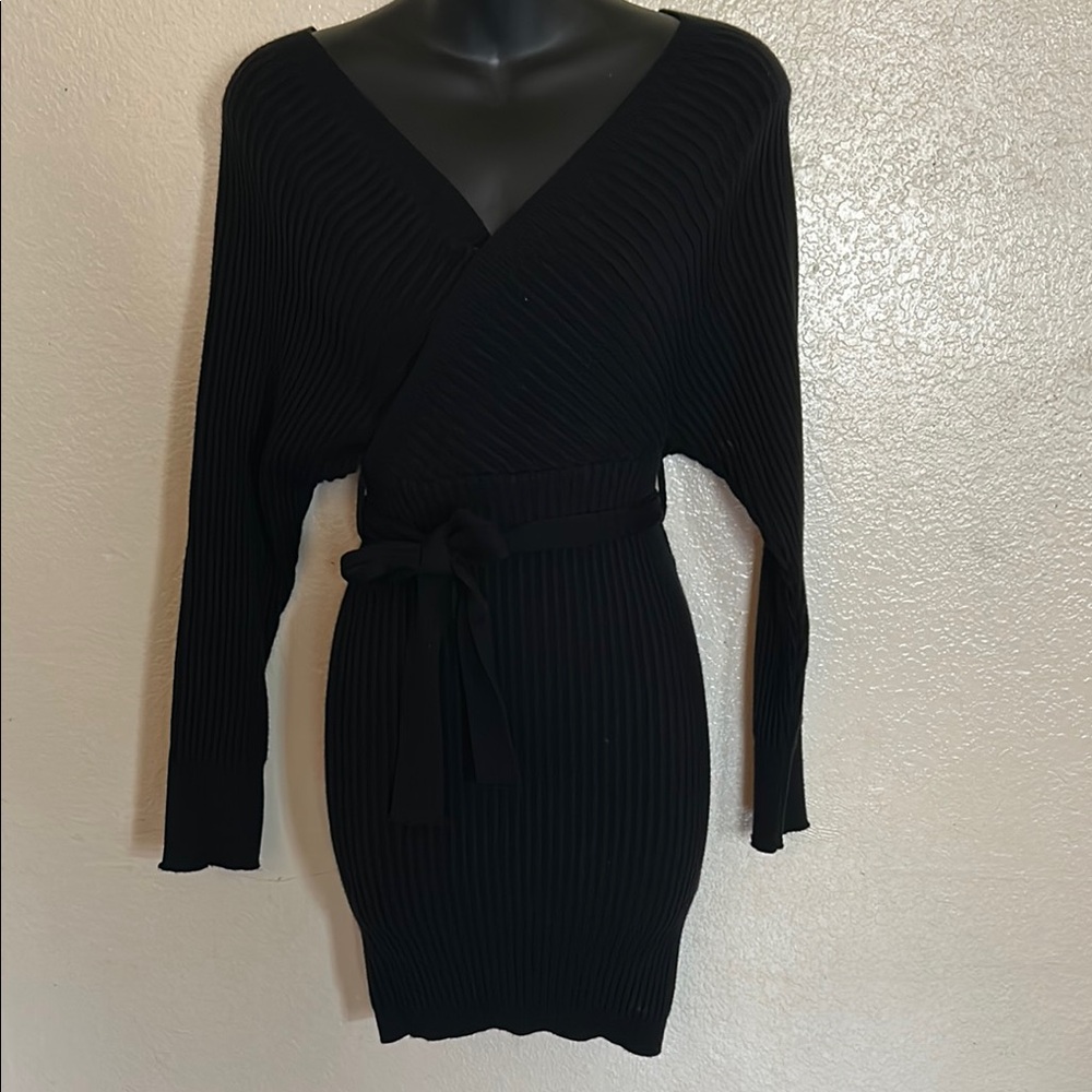 Black Ribbed Knit Sweater Dress